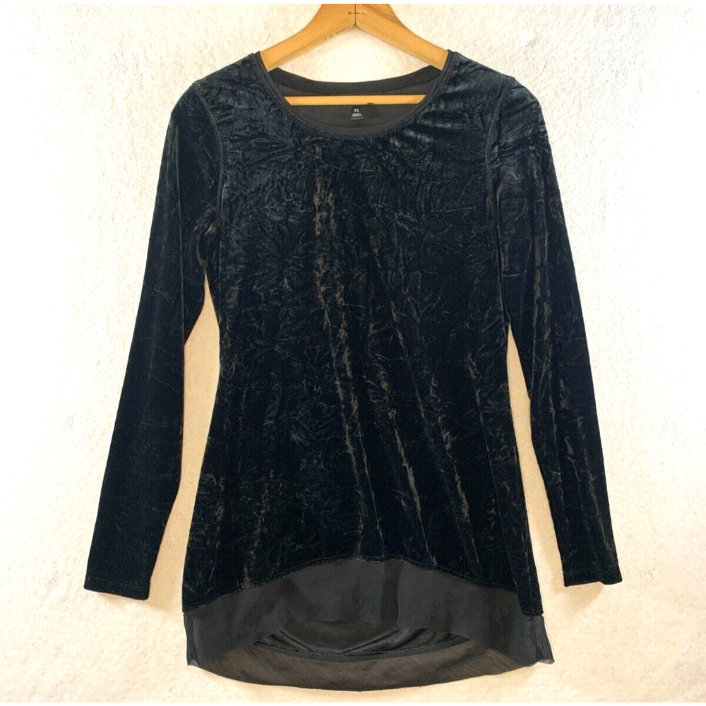 Womens‎ Blouse Sz XS Black Crushed Velvet Chiffon Trim Whimsigoth Fairy Grunge